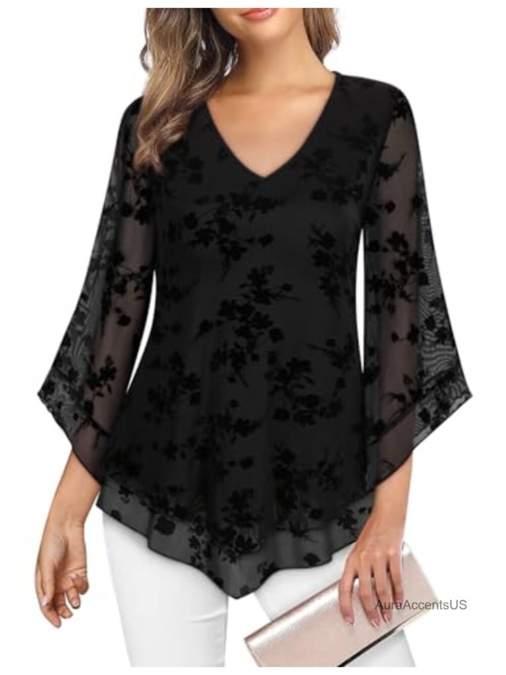 Womens Dressy Blouse V Neck Double Layers Elastic Mesh Flowy Work Tunic Tops